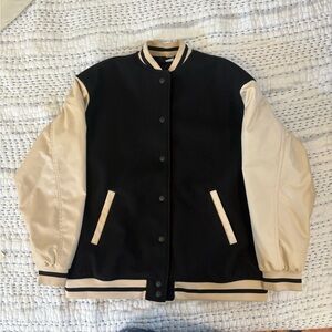 H&M Divided Black and cream varsity letterman jacket with faux leather sleeves